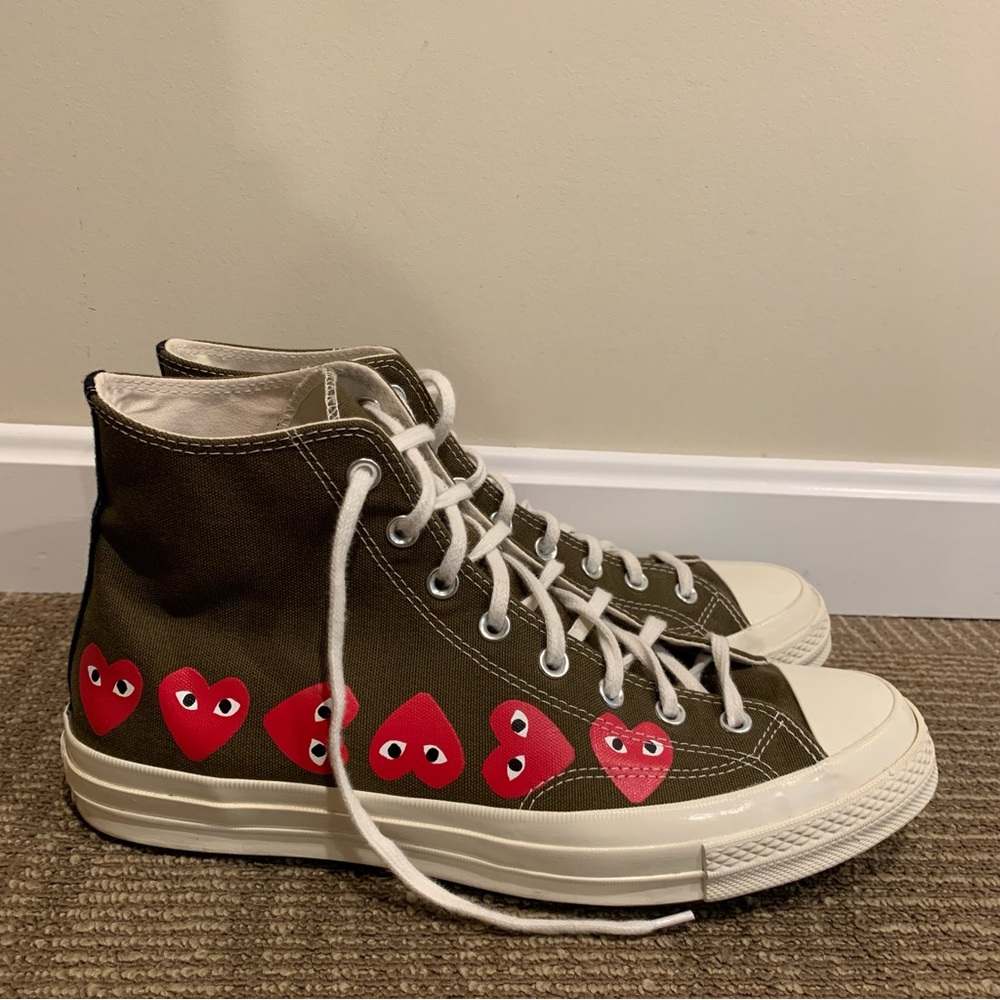 Converse Chuck Taylor High Top Sneakers Olive Green with Red Heart Graphics